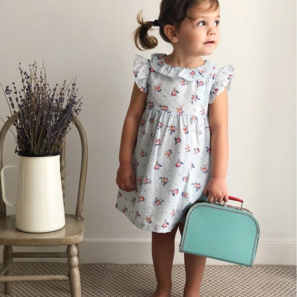 Petite Lucette French designer girls cotton floral ruffle dress